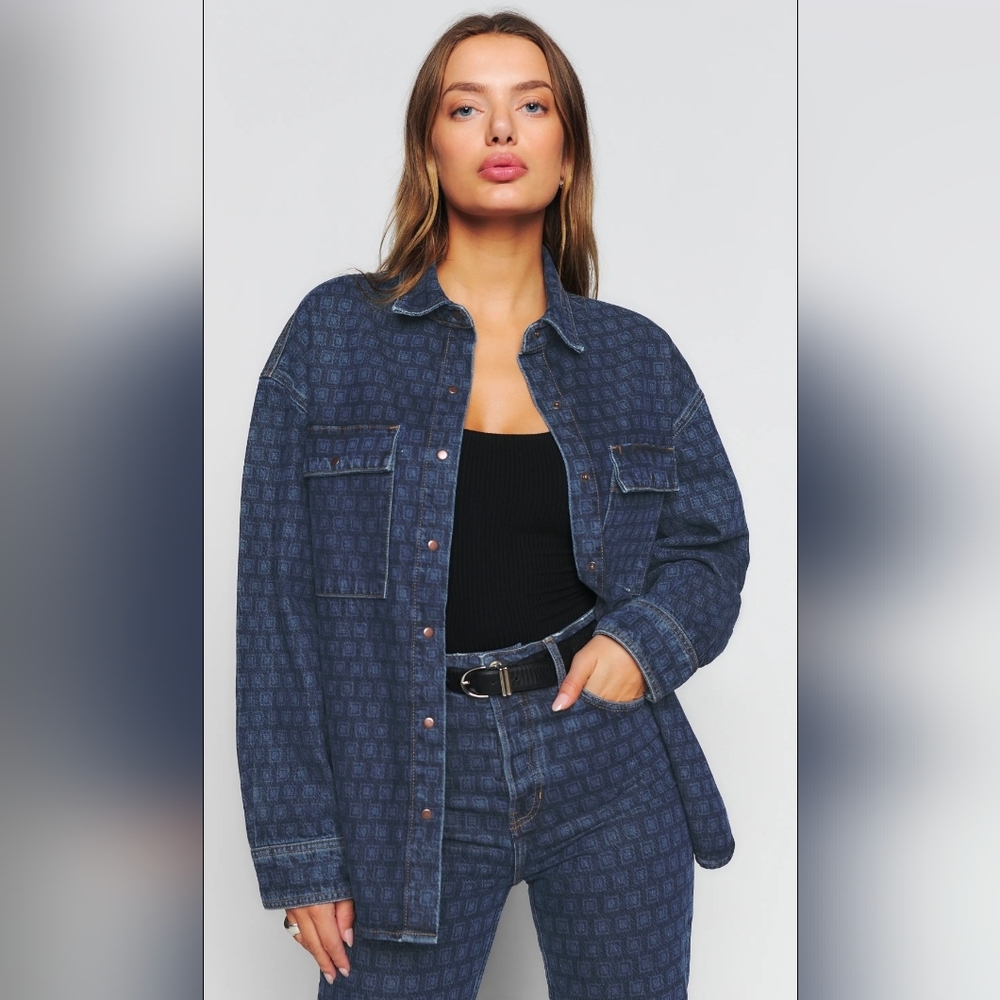 Reformation Jeans Lea Disco Denim Button Shirt Jacket Pockets Collar